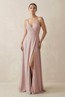 A - Line Chiffon Long Bridesmaid Dress With Slit in Toffee - SHE IS ME