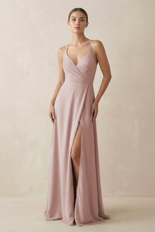 A - Line Chiffon Long Bridesmaid Dress With Slit in Toffee - SHE IS ME