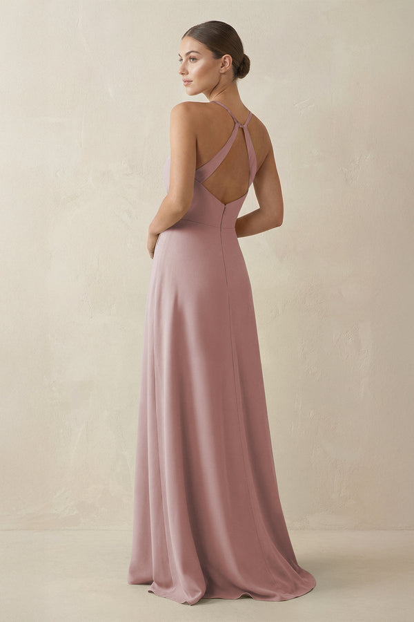 A - Line Chiffon Long Bridesmaid Dress With Slit in Toffee - SHE IS ME