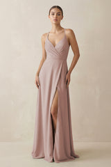 A-Line Chiffon Long Bridesmaid Dress With Slit in Toffee | KISSBRIDAL