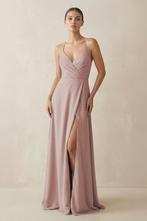 A-Line Chiffon Long Bridesmaid Dress With Slit in Toffee | KISSBRIDAL
