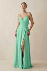 A - Line Chiffon Long Bridesmaid Dress With Slit in Turquoise - KISS BRIDAL
