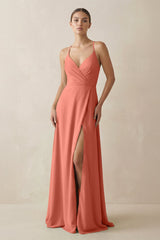 A - Line Chiffon Long Bridesmaid Dress With Slit in Wild Rose - KISS BRIDAL