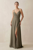 A - Line Chiffon Long Bridesmaid Dress With Slit in Willow Green - SHE IS ME