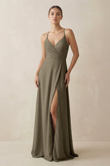 A - Line Chiffon Long Bridesmaid Dress With Slit in Willow Green - KISS BRIDAL
