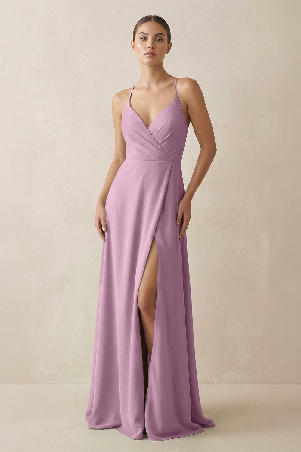 A - Line Chiffon Long Bridesmaid Dress With Slit in Wisteria - SHE IS ME