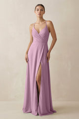 A - Line Chiffon Long Bridesmaid Dress With Slit in Wisteria - KISS BRIDAL