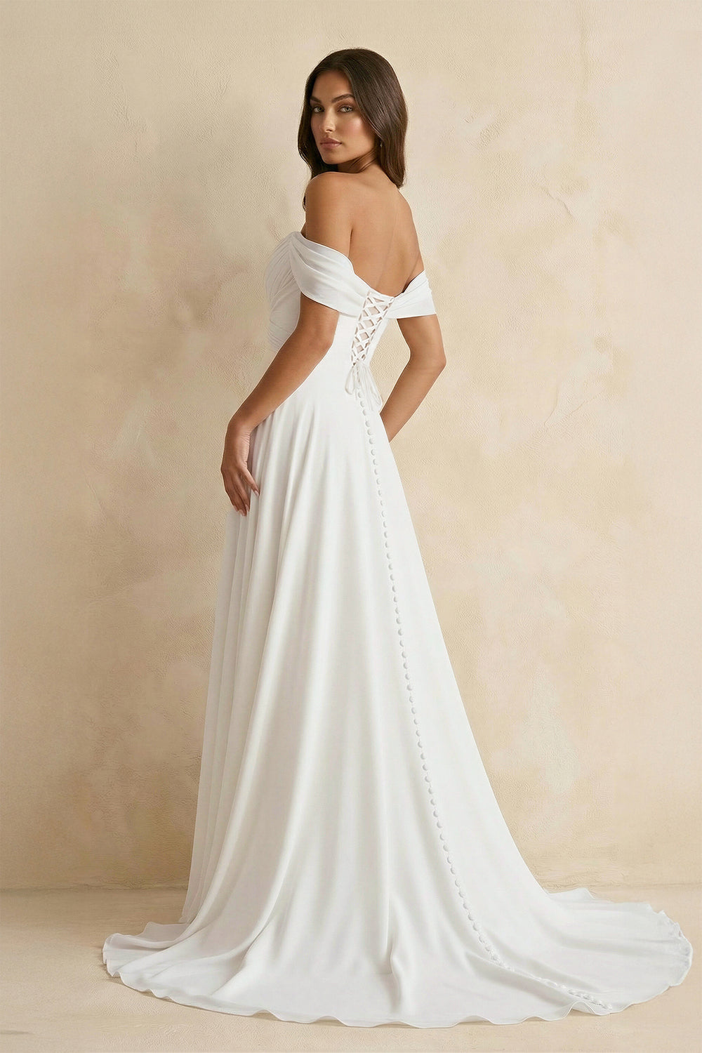 Off The Shoulder A Line Chiffon Wedding Dress in White - KISS BRIDAL Wedding Dresses