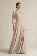 A - Line Chiffon Spaghetti Strap Bridesmaid Dress in Almond - SHE IS ME Bridesmaid Dresses