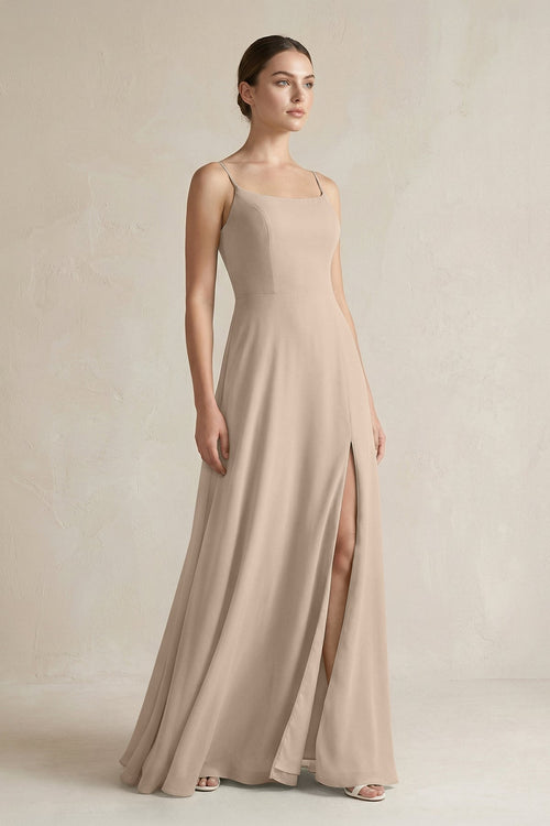 A - Line Chiffon Spaghetti Strap Bridesmaid Dress in Almond - SHE IS ME Bridesmaid Dresses