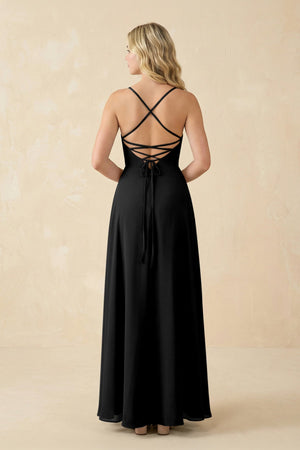 A-Line Chiffon Spaghetti Strap Bridesmaid Dress in Black - SHE IS ME BRIDESMAID DRESSES