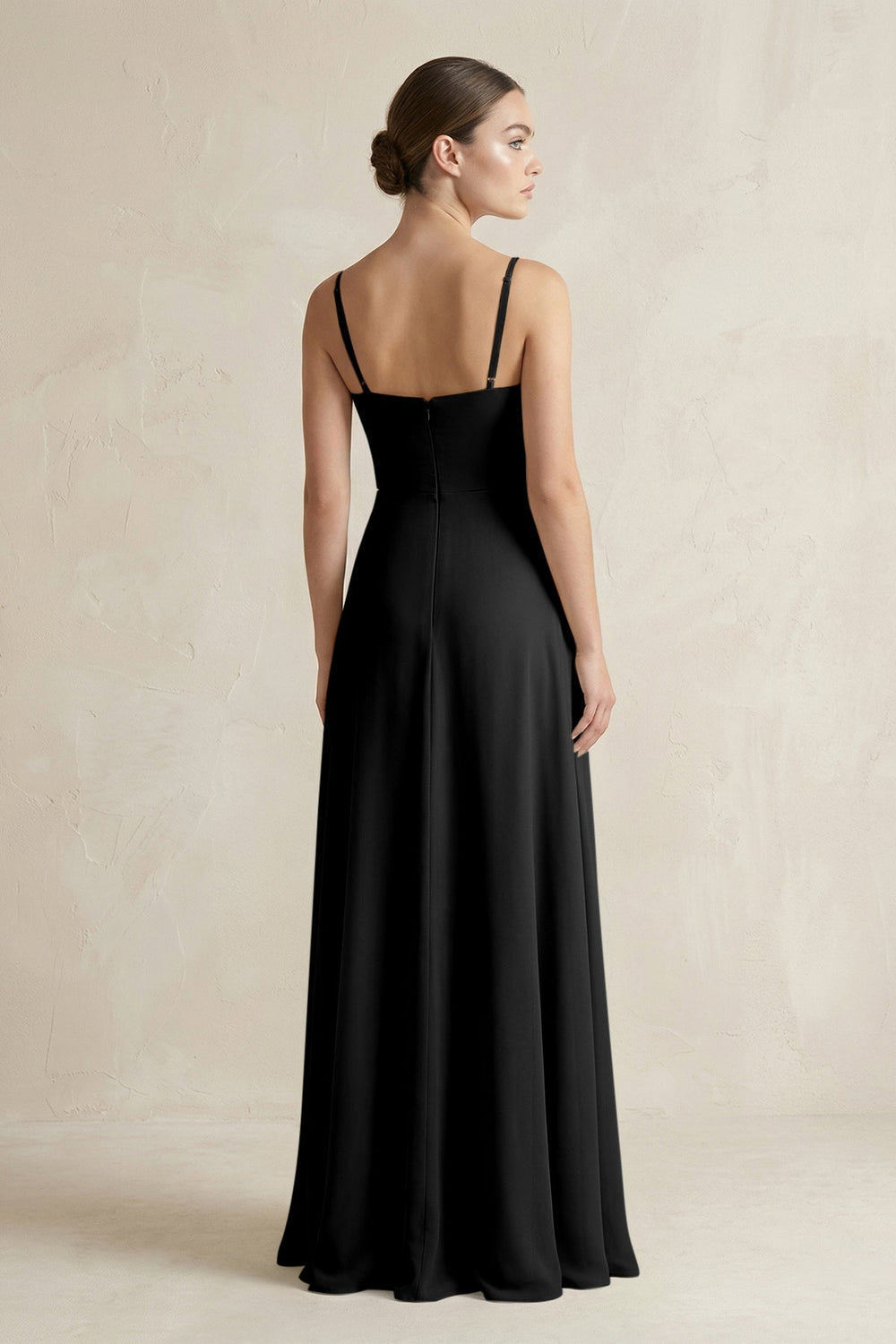 A - Line Chiffon Spaghetti Strap Bridesmaid Dress in Black - SHE IS ME Bridesmaid Dresses
