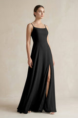 A - Line Chiffon Spaghetti Strap Bridesmaid Dress in Black - KISS BRIDAL Bridesmaid Dresses