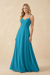 A-Line Chiffon Spaghetti Strap Bridesmaid Dress in Blue Jay - KISS BRIDAL BRIDESMAID DRESSES