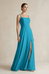 A - Line Chiffon Spaghetti Strap Bridesmaid Dress in Blue Jay - KISS BRIDAL Bridesmaid Dresses