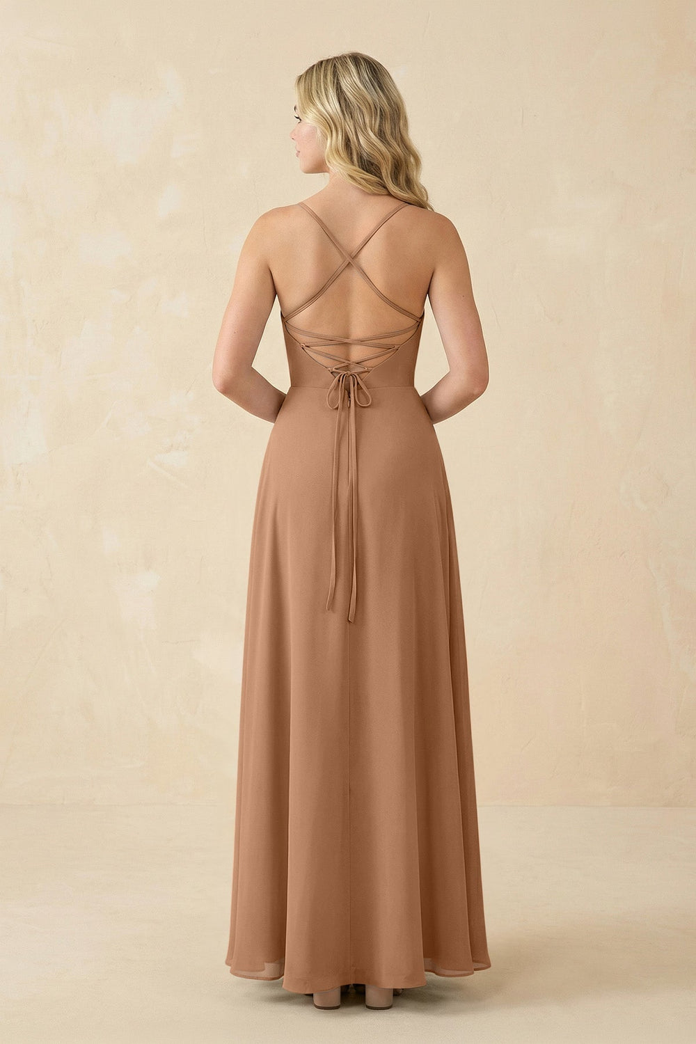 A-Line Chiffon Spaghetti Strap Bridesmaid Dress in Bronzer - KISS BRIDAL BRIDESMAID DRESSES