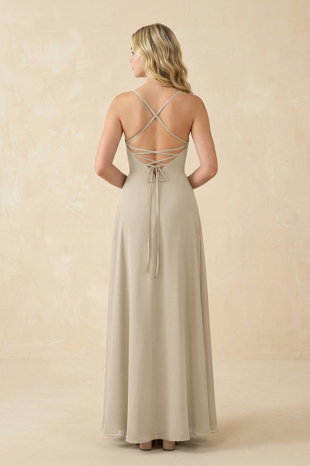 A-Line Chiffon Spaghetti Strap Bridesmaid Dress in Champagne - KISS BRIDAL BRIDESMAID DRESSES