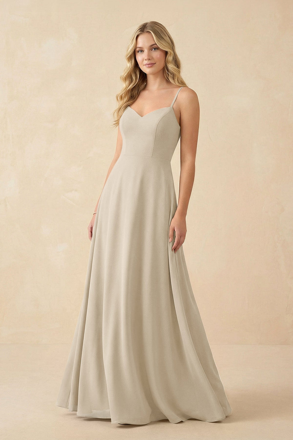 A-Line Chiffon Spaghetti Strap Bridesmaid Dress in Champagne - KISS BRIDAL BRIDESMAID DRESSES