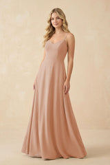 A-Line Chiffon Spaghetti Strap Bridesmaid Dress in Champagne Rose - KISS BRIDAL BRIDESMAID DRESSES