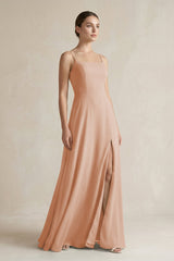A - Line Chiffon Spaghetti Strap Bridesmaid Dress in Champagne Rose - KISS BRIDAL Bridesmaid Dresses