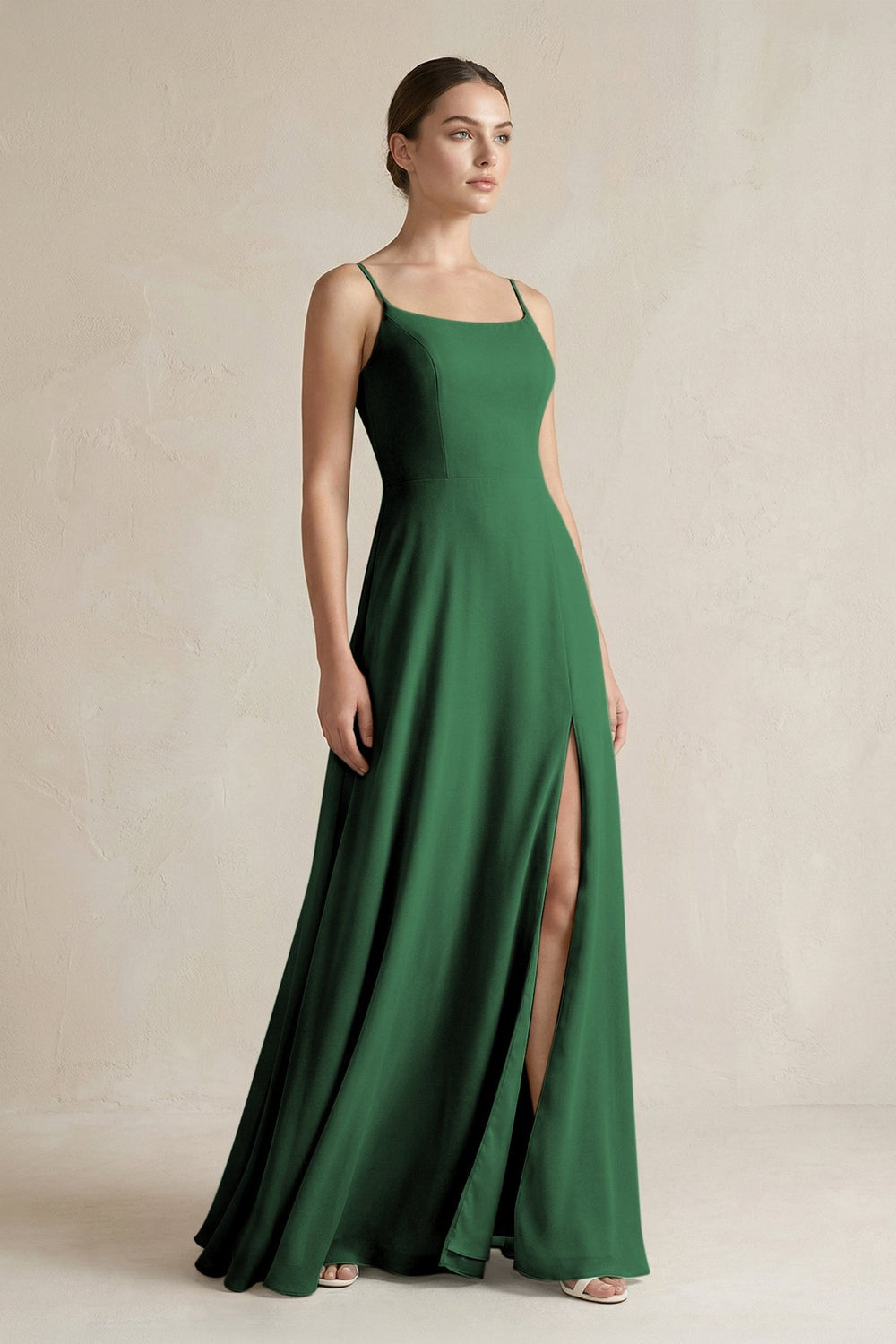 A - Line Chiffon Spaghetti Strap Bridesmaid Dress in Dark Green - SHE IS ME Bridesmaid Dresses