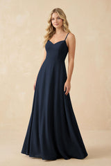 A-Line Chiffon Spaghetti Strap Bridesmaid Dress in Dark Navy - KISS BRIDAL BRIDESMAID DRESSES