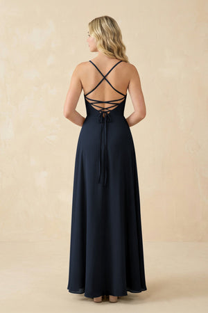 A-Line Chiffon Spaghetti Strap Bridesmaid Dress in Dark Navy - SHE IS ME BRIDESMAID DRESSES