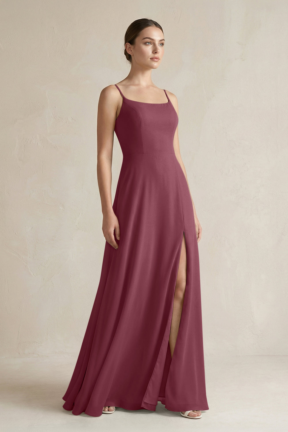 A-Line Chiffon Spaghetti Strap Bridesmaid Dress in Desert Rose