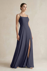 A - Line Chiffon Spaghetti Strap Bridesmaid Dress in Dusk Blue - KISS BRIDAL Bridesmaid Dresses