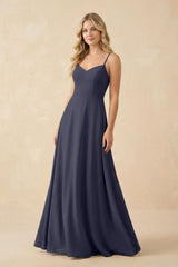 A-Line Chiffon Spaghetti Strap Bridesmaid Dress in Dusk Blue - KISS BRIDAL BRIDESMAID DRESSES