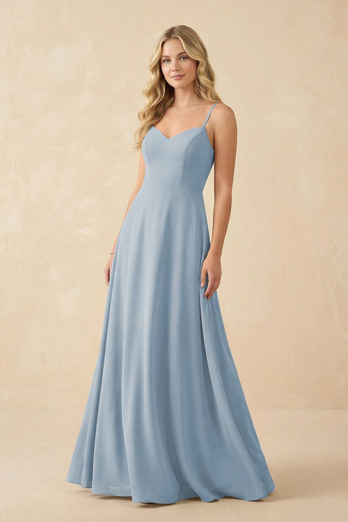 A-Line Chiffon Spaghetti Strap Bridesmaid Dress in Dusty Blue - SHE IS ME BRIDESMAID DRESSES