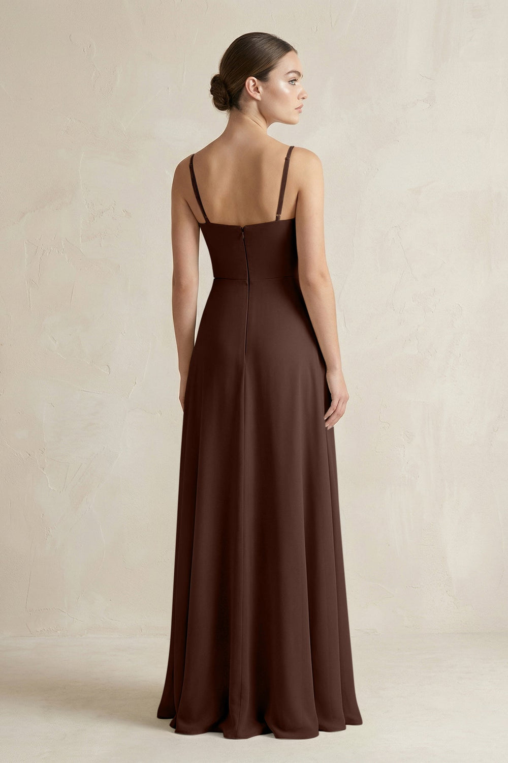 A - Line Chiffon Spaghetti Strap Bridesmaid Dress in Espresso - SHE IS ME Bridesmaid Dresses