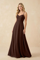 A-Line Chiffon Spaghetti Strap Bridesmaid Dress in Espresso - KISS BRIDAL BRIDESMAID DRESSES