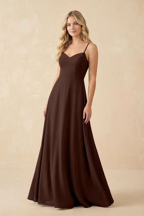 A-Line Chiffon Spaghetti Strap Bridesmaid Dress in Espresso - SHE IS ME BRIDESMAID DRESSES