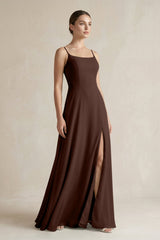 A - Line Chiffon Spaghetti Strap Bridesmaid Dress in Espresso - KISS BRIDAL Bridesmaid Dresses