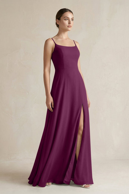A - Line Chiffon Spaghetti Strap Bridesmaid Dress in Fig - SHE IS ME Bridesmaid Dresses