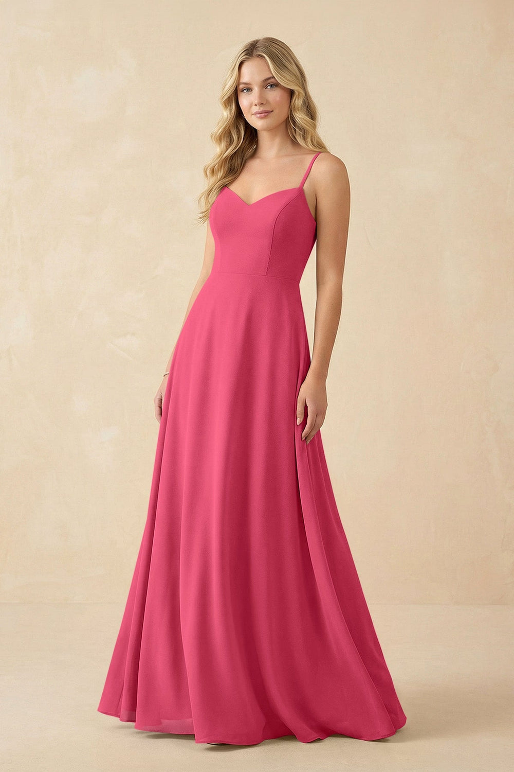 A-Line Chiffon Spaghetti Strap Bridesmaid Dress in Fuchsia - KISS BRIDAL BRIDESMAID DRESSES