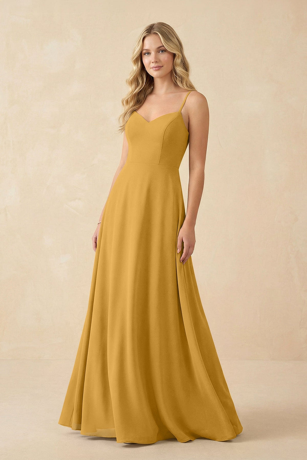 A-Line Chiffon Spaghetti Strap Bridesmaid Dress in Marigold - KISS BRIDAL BRIDESMAID DRESSES