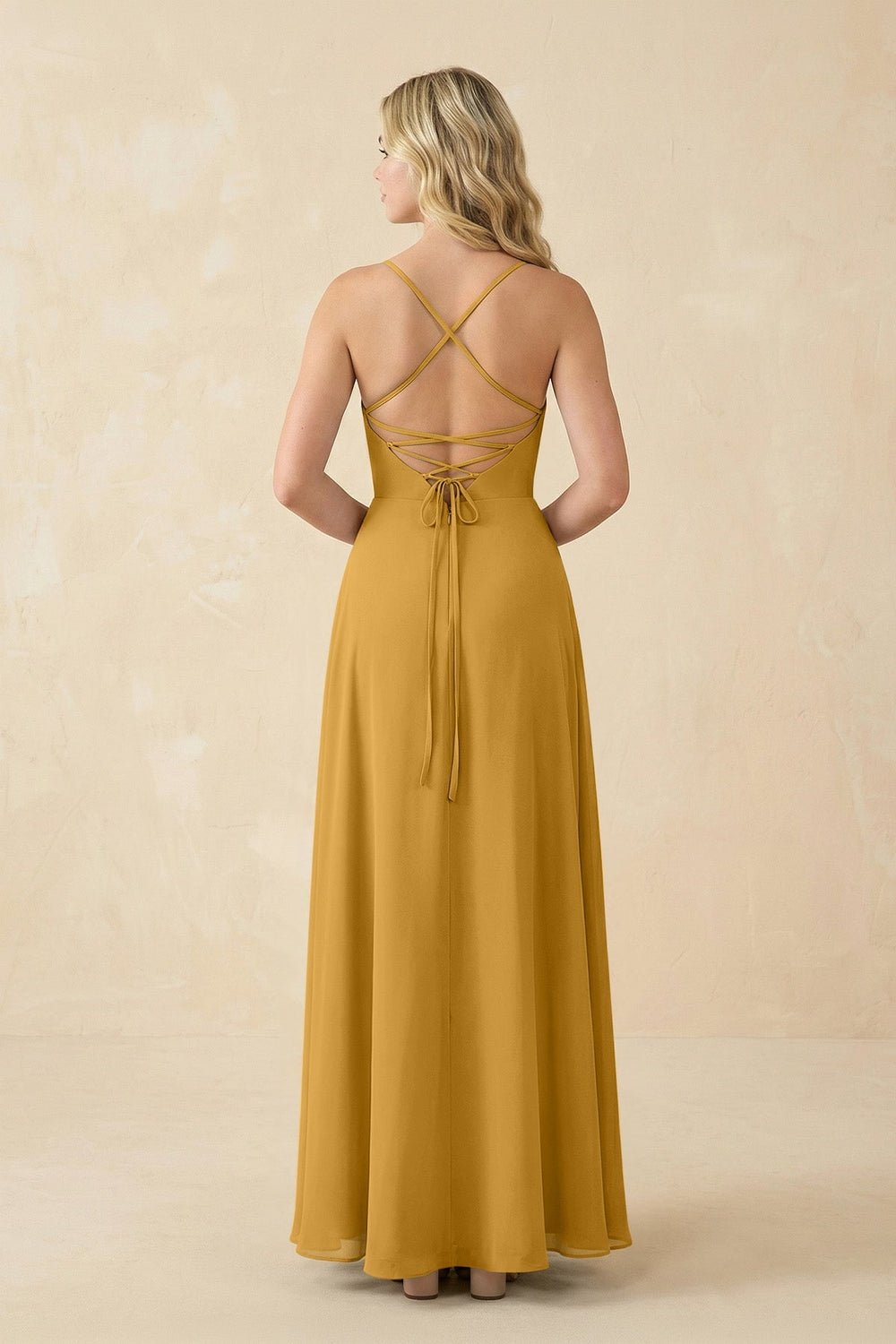 A-Line Chiffon Spaghetti Strap Bridesmaid Dress in Marigold - KISS BRIDAL BRIDESMAID DRESSES