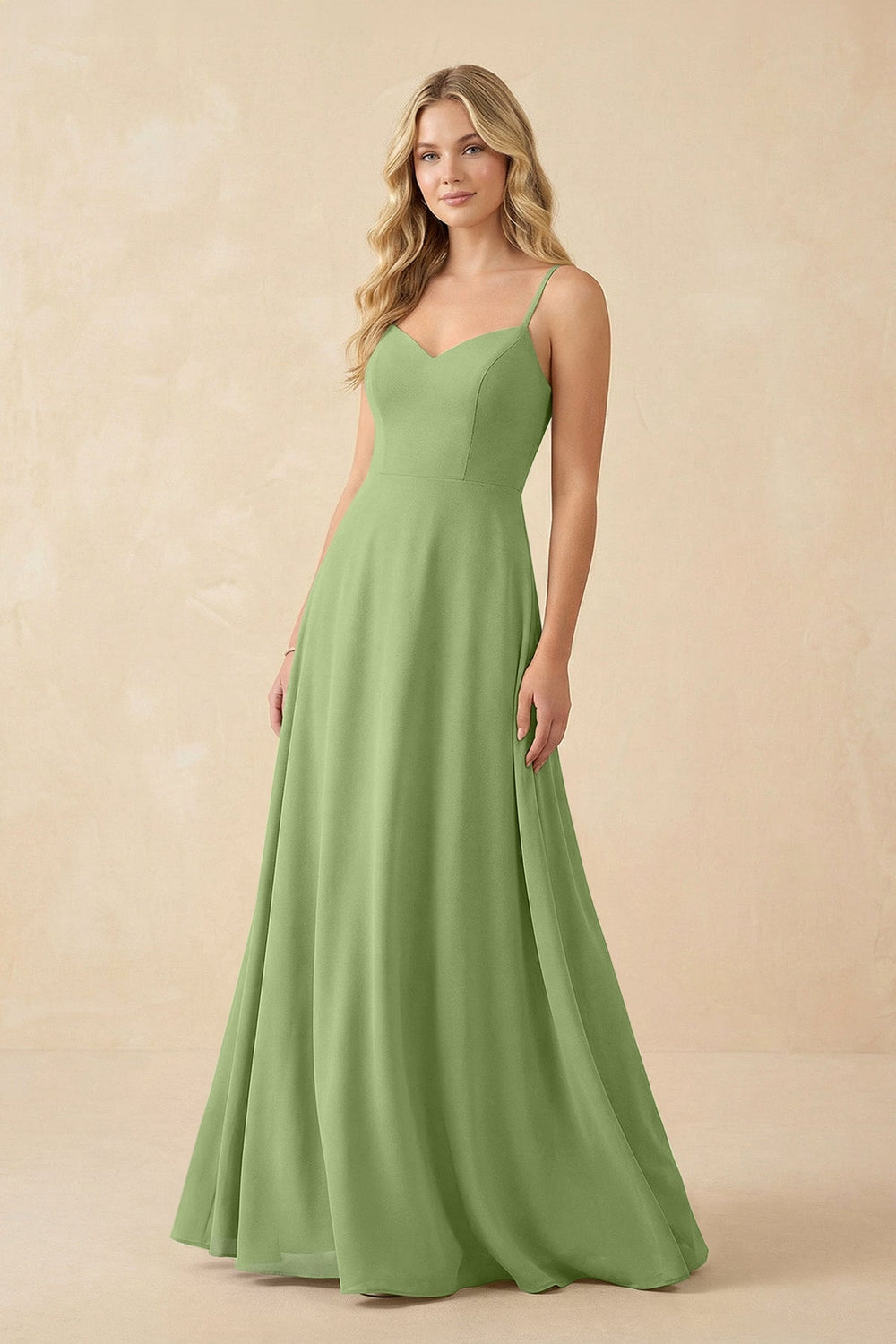 A-Line Chiffon Spaghetti Strap Bridesmaid Dress in Matcha - KISS BRIDAL BRIDESMAID DRESSES