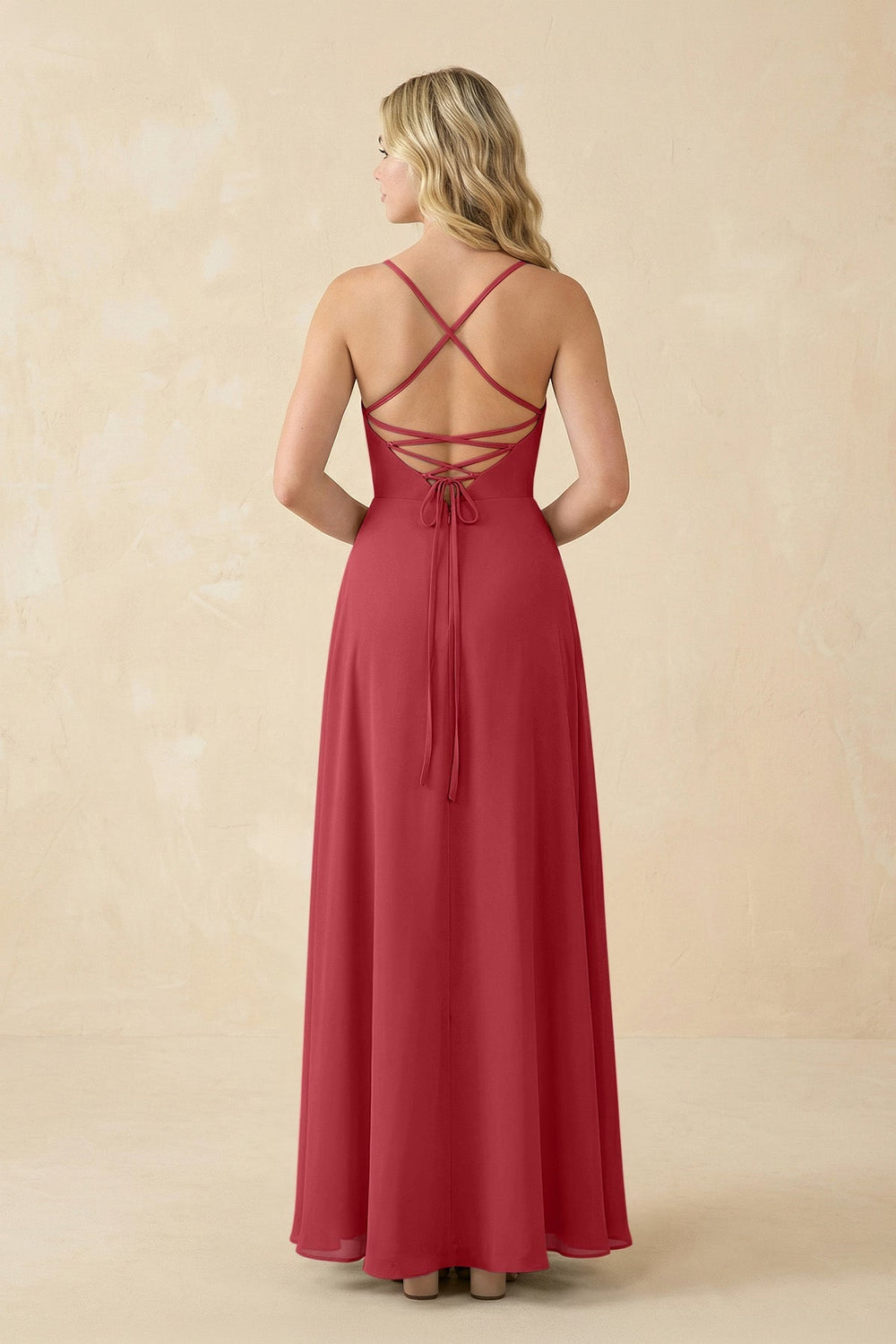 A-Line Chiffon Spaghetti Strap Bridesmaid Dress in Merlot - KISS BRIDAL BRIDESMAID DRESSES