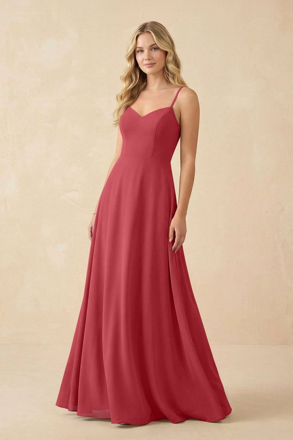 A-Line Chiffon Spaghetti Strap Bridesmaid Dress in Merlot - KISS BRIDAL BRIDESMAID DRESSES