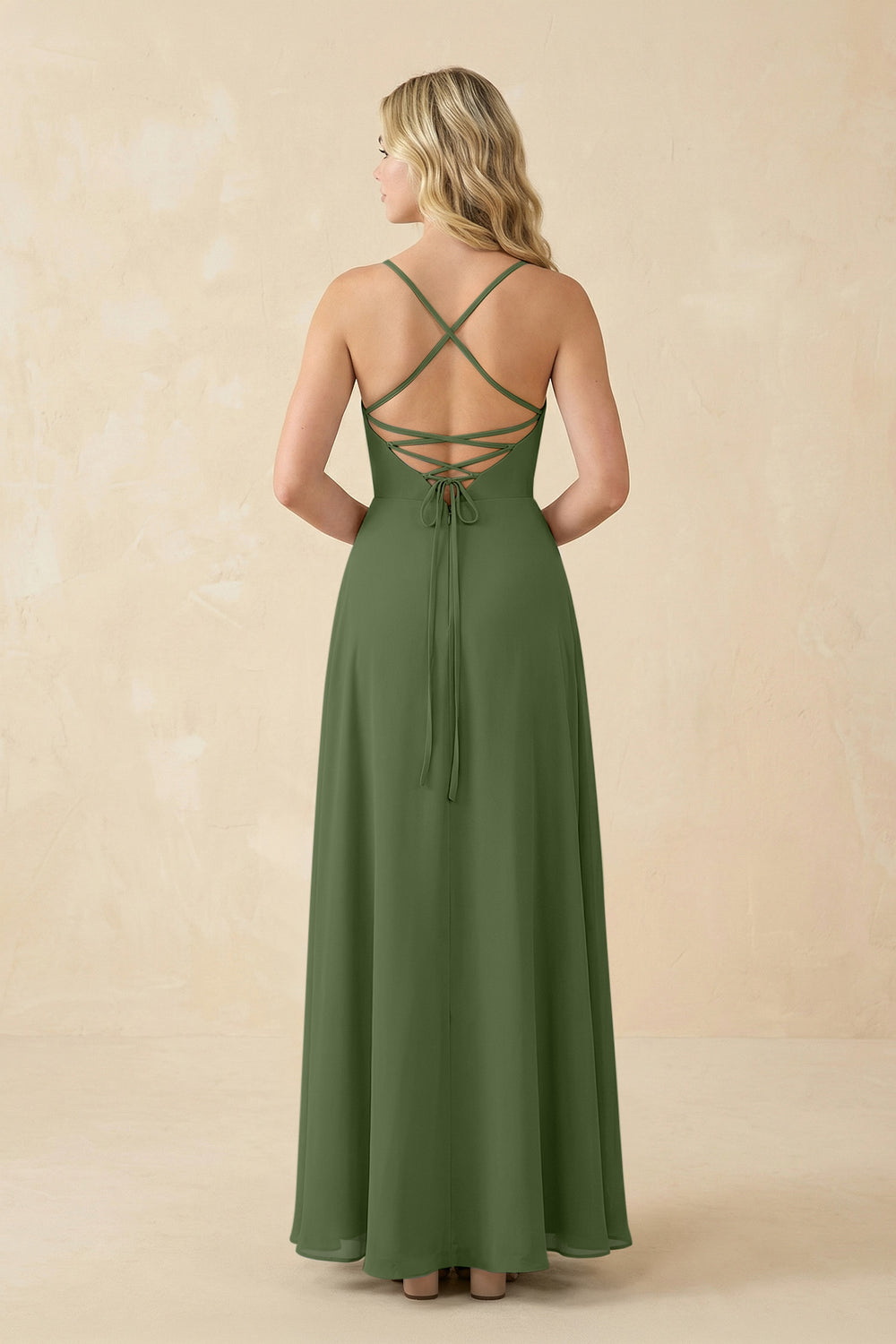 A-Line Chiffon Spaghetti Strap Bridesmaid Dress in Moss