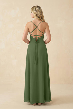A-Line Chiffon Spaghetti Strap Bridesmaid Dress in Moss (2) | KISSBRIDAL