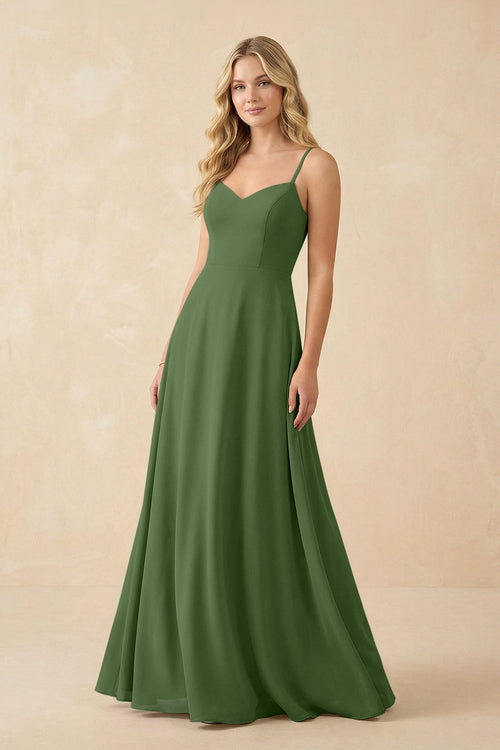 A-Line Chiffon Spaghetti Strap Bridesmaid Dress in Moss - SHE IS ME BRIDESMAID DRESSES