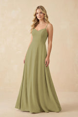 A-Line Chiffon Spaghetti Strap Bridesmaid Dress in Moss Green | KISSBRIDAL