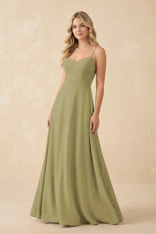 A-Line Chiffon Spaghetti Strap Bridesmaid Dress in Moss Green | KISSBRIDAL