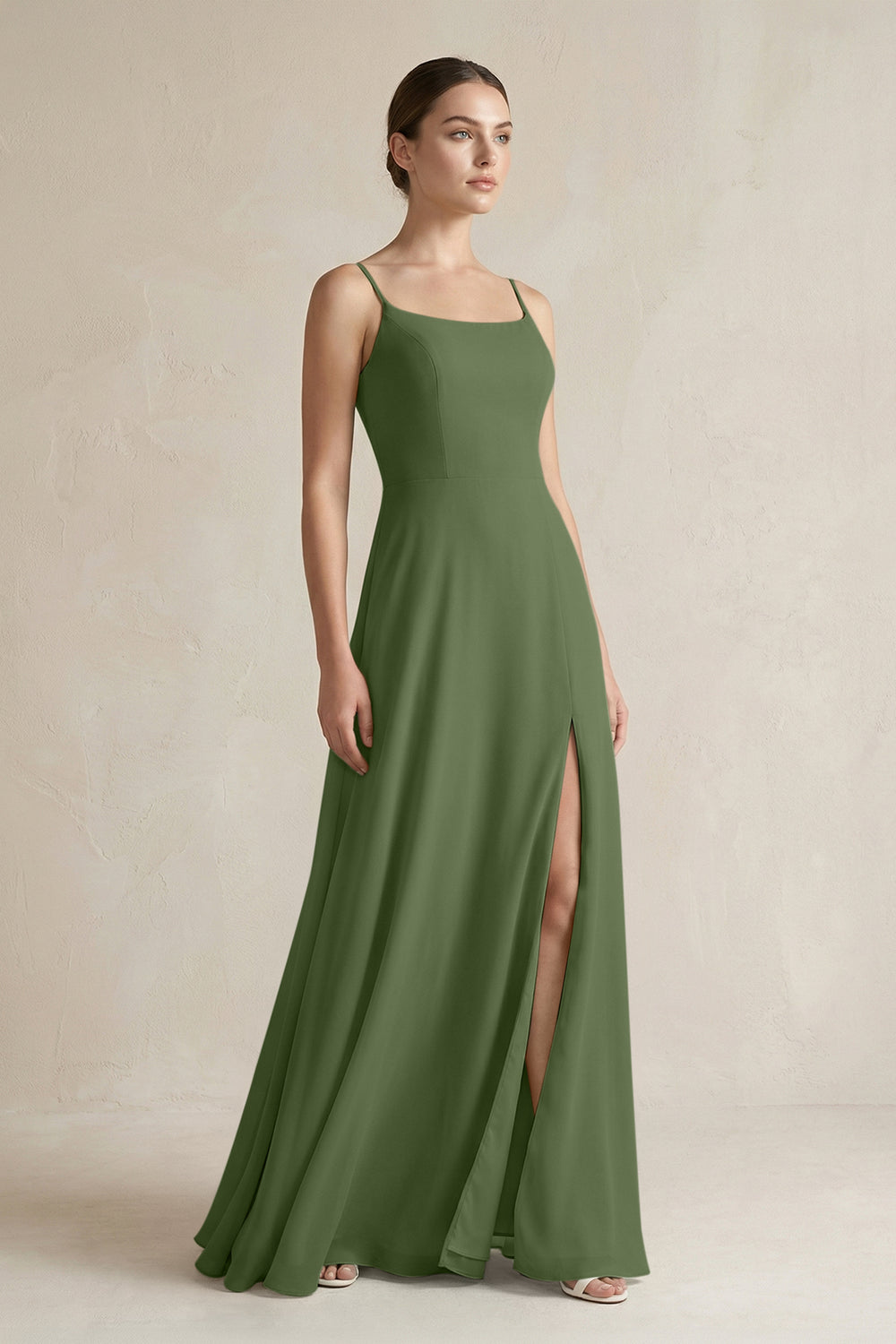 A-Line Chiffon Spaghetti Strap Bridesmaid Dress in Moss