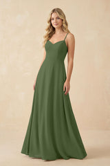 A-Line Chiffon Spaghetti Strap Bridesmaid Dress in Moss | KISSBRIDAL