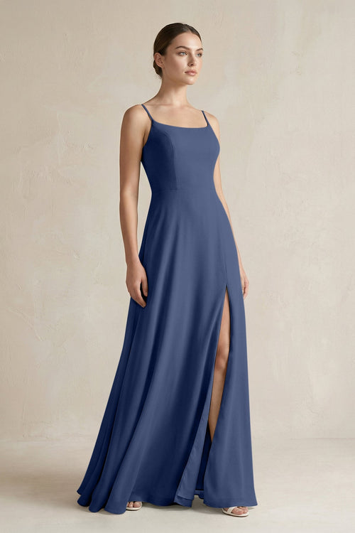 A - Line Chiffon Spaghetti Strap Bridesmaid Dress in Navy - SHE IS ME Bridesmaid Dresses
